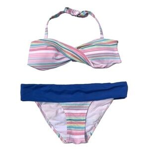 NEW - PEZ D'OR Maternity Pink, Yellow, Blue Striped Twist Top Bikini Set Size M